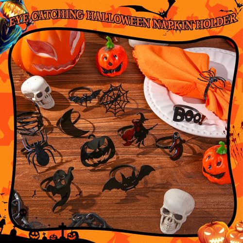 Halloween Napkin Rings Set - Black Ghost Skull Spider Web Bats Pumpkins - Spooky Table Decor