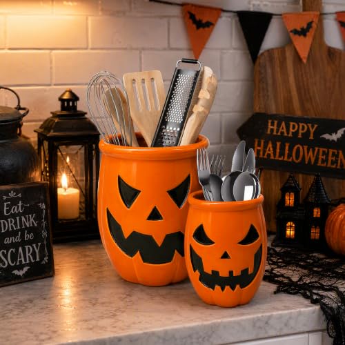Yellow Halloween Ceramic Pumpkin Utensil Crock Set - Large & Small Kitchen Organizer with Jack O Lantern Design