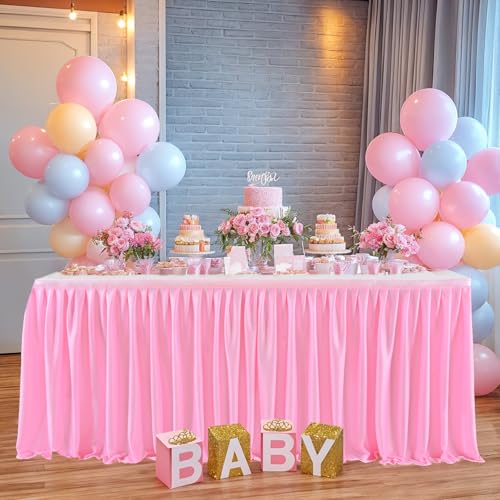 Pink 17ft Ruffle Table Skirt for Rectangular Tables Wedding Party Banquets - Pink / 203" x 30"
