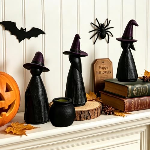 Green Halloween Witch Cauldron Figurine Set - Lighted Resin Miniatures for Indoor Outdoor Decor