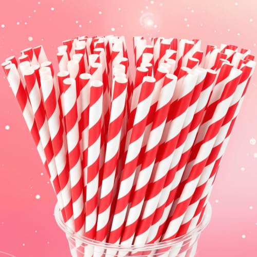 Red Biodegradable Striped Paper Drinking Straws - 100 Pack for Parties