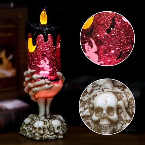 Ghost Snow Globe Flameless Candle with Timer - Skeleton Hand Halloween Decor - 4 Ghosts
