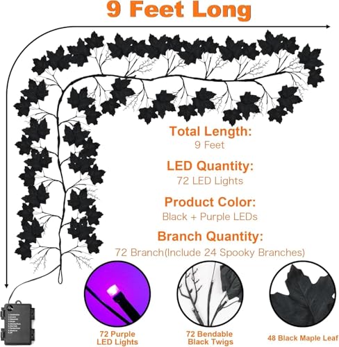 9 Ft Purple LED Willow Vine Twig Halloween Garland with 8 Modes & Timer - Waterproof Indoor Outdoor Decor
