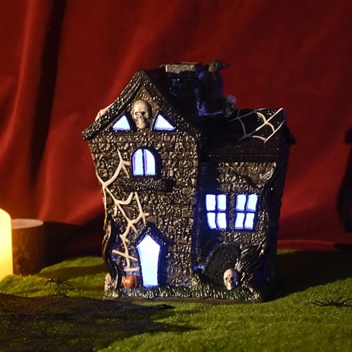 Halloween Village Houses Haunted House Figurine with Lights - Indoor Resin Decor