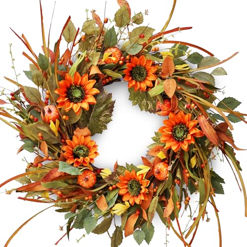 22-Inch Fall Pumpkin Wreath with Sunflowers and Berries for Front Door Decor