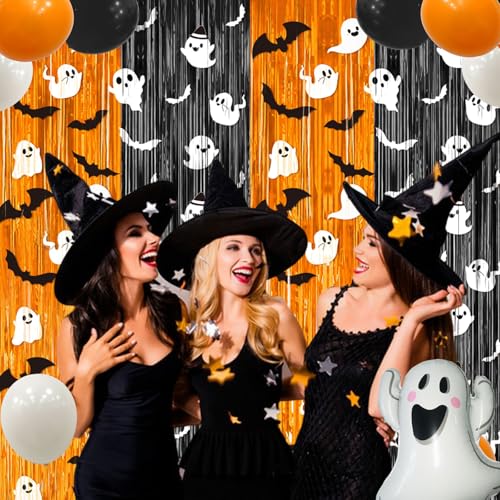 Halloween Fringe Curtain Bat Ghost Pattern 2 Pack - 3.3 x 6.6 ft Photo Backdrop & Party Decor