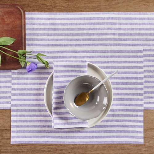 Linen Table Runner 14x48 Inch - Violet & White Stripes, Handcrafted, Medium Size
