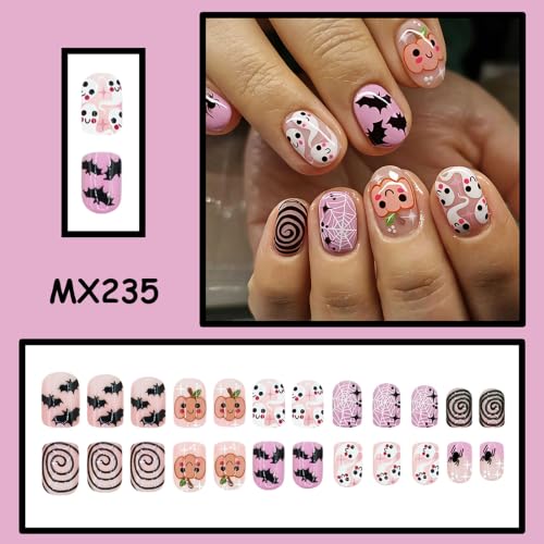 Halloween Short Press On Nails - Oval Acrylic Fake False Nails - Variation 84