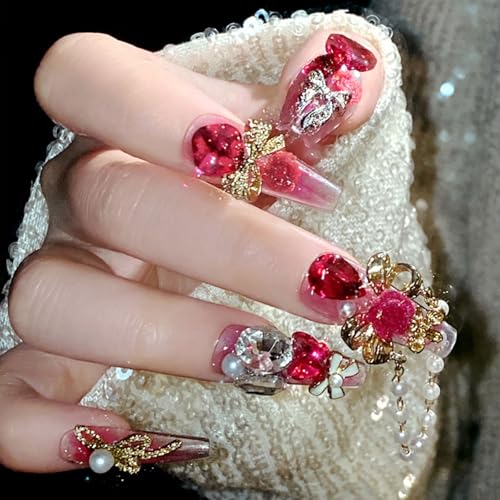 Press On Nails Coffin Medium with Bow Rhinestones Butterfly 3D Charm Set - Variation 26