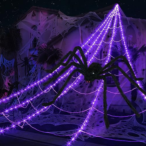 Purple Halloween Spider Web Lights Kit with 78.7" Spider & 23ft Cobweb - 8 Modes
