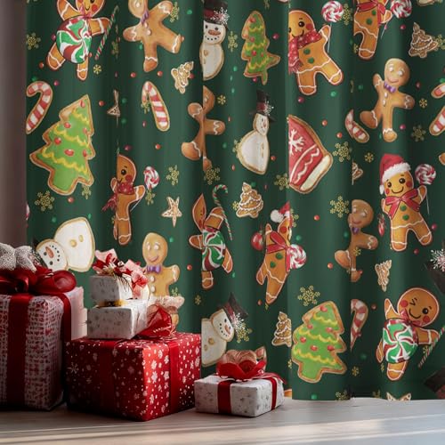 Green Sheer Xmas Curtains 52x96in Set of 2 - Gingerbread & Snowman Pattern