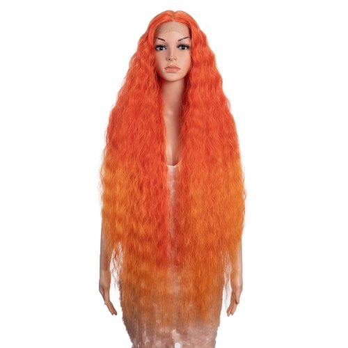 Style Icon 41" Lace Front Wigs Long Wavy Synthetic Wigs with Baby Hair Ombre Orange Bohemian Style Middle Part Half Hand Tied 130% Density Wigs (41", T-RED/ORANGE)