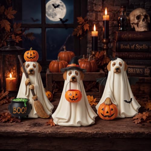 Halloween Ghost Dog Figurines Set - Cute 3-Piece Tabletop Decorations - Ghost Variation