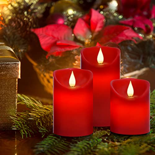 Real Wax Flameless Candles Set - 3 Red Pillar Candles with Remote & Timer