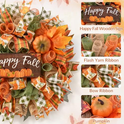 Fall Wreath for Front Door - 20 Inch Mesh Bow with Wooden 'Happy Fall' Sign - Orange Green Variation