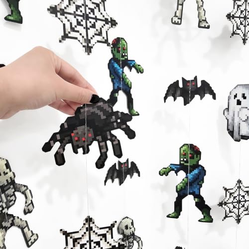 Pixel Monster Garland Halloween Party Decorations - Retro Arcade Zombie Ghost Skeleton Bat Streamers - 6 Pieces