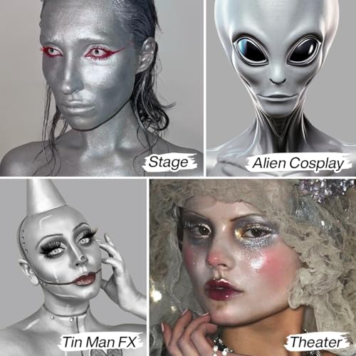 Metallic Silver Face Paint for Kids & Adults - Full Coverage Body Makeup for Halloween & Cosplay - Long Lasting & Blendable