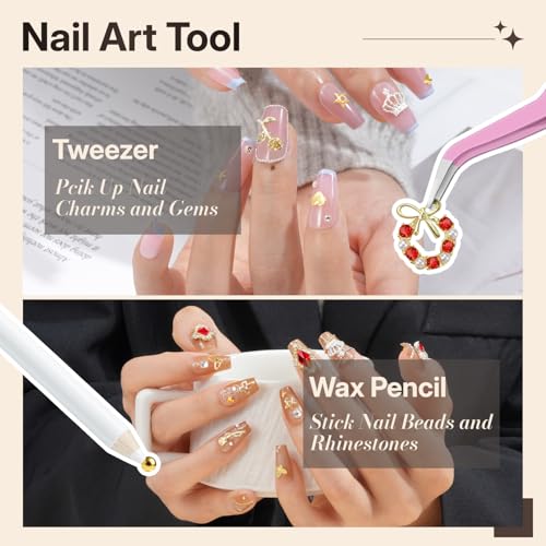 Nail Charms and Gems Kit with 4 Boxes of Gold Nail Decorations & Tools