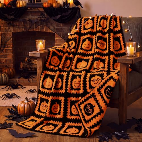 Halloween Pumpkin Face Reversible Knit Throw Blanket - Black and Orange