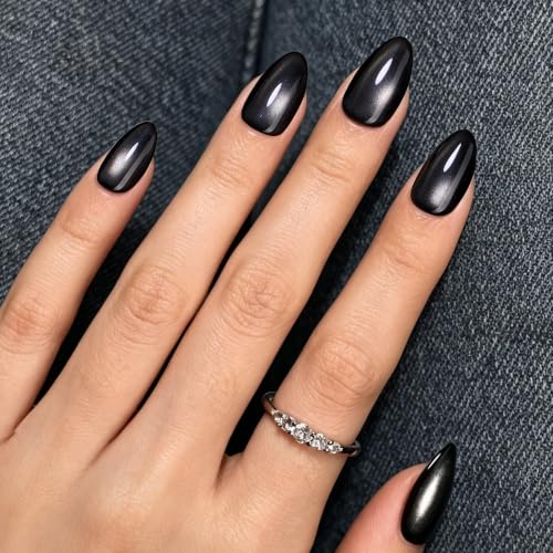 Black Cat Eye Press On Nails - Matte Short Almond with 16 Sizes - Variation 0