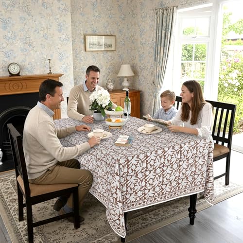 Ridhi Oak Brown Hand Block Print Cotton Square Tablecloth 60 x 60 Inch - Elegant Dining Decor