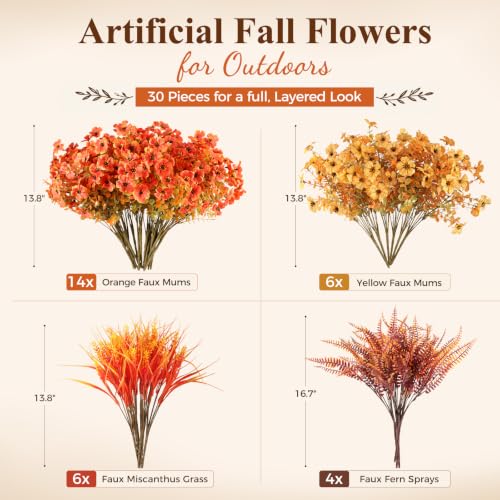 Artificial Fall Mums Outdoor Flowers Set - UV Resistant 30 Pieces