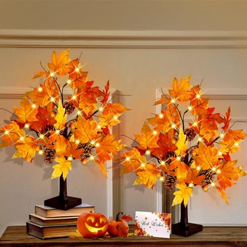 2 Pieces 24 Inch Artificial Fall Tree with LED Lights Battery & USB Operated - Thanksgiving Autumn Decor - Variation 2