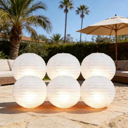 12-Inch White Paper Lanterns with LED Lights - Reusable Wedding & Party Decor (6 Pack)