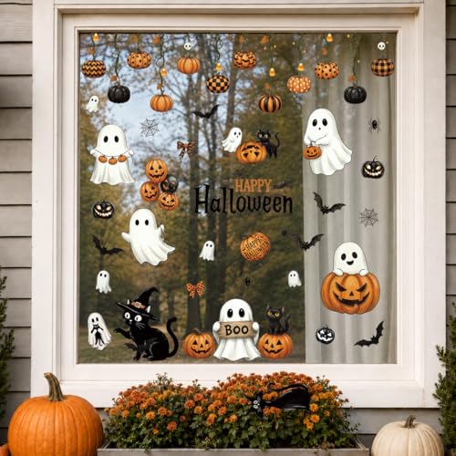 Halloween Window Clings Set - Cute Ghost Pumpkin Black Cat Decorations
