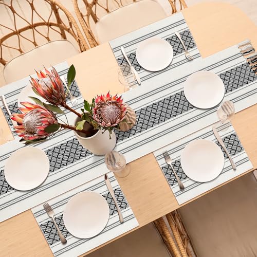 Boho Table Runner and Placemat Set - Black and White, 72 Inch, 6 Pieces