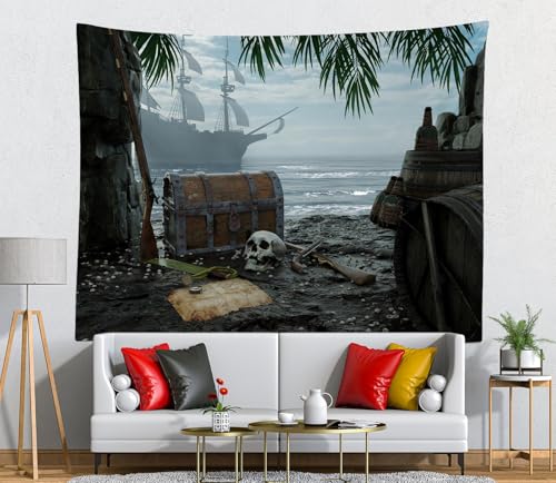 Pirate Ship Tapestry Wall Hanging for Nautical Decor 92x70 Inches - Caribbean Treasure Island Scene - Kids Bedroom & Home Decor - Variation T1-A16619
