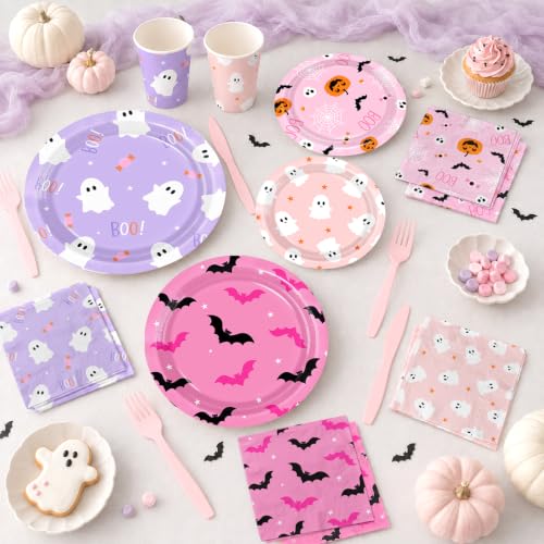 Pink Halloween Plates Ghost Party Tableware Set - 144 Pieces