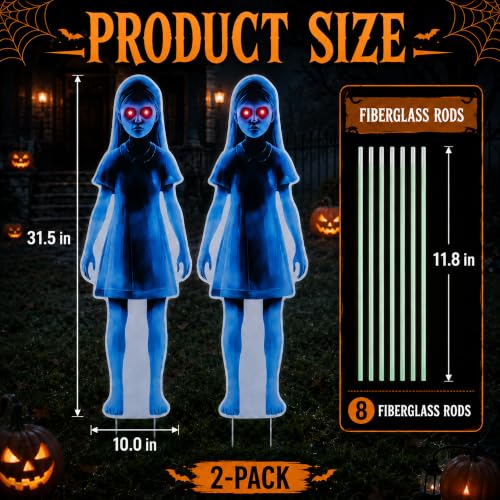 Lighted Ghost Yard Signs for Halloween Outdoor Decorations - 2 Pack, 31.5 Inch Creepy Lawn Stakes with Red LED Eyes