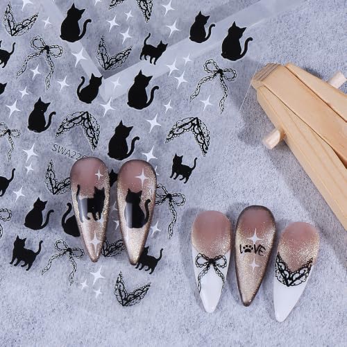 Halloween Bat & Cat Nail Art Stickers Set - Self-Adhesive 3D Horror Goth Decals for Nails - Dark Black & Red Glitter - Variation: Halloween Bat Cat