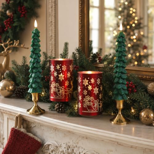 Flameless Christmas Candles Set with Remote - Red & Green LED Tree & Glass Decor