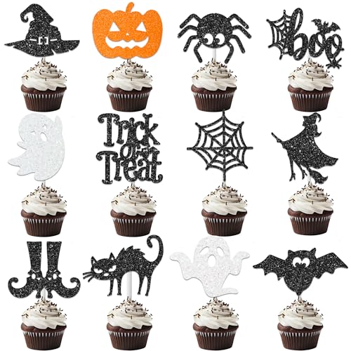 30 Pack Halloween Cupcake Toppers Ghost Pumpkin Bat Witches Party Decor