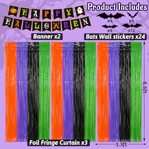 Multicolor Halloween Foil Fringe Curtains Party Decor with Bat Stickers & Banner - 3 Pack