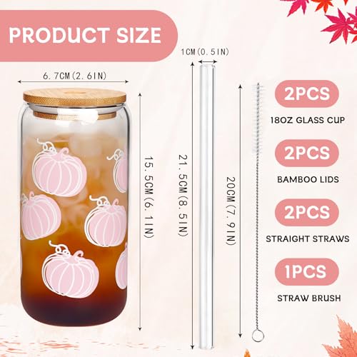 Pink Pumpkin Glass Cups with Lids & Straws - Fall Thanksgiving Gift Set - 18oz 2 Pack