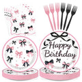 Black Pink Bow Birthday Party Supplies Set - Serves 24, 96 Pieces