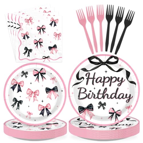 Black Pink Bow Birthday Party Supplies Set - Serves 24, 96 Pieces