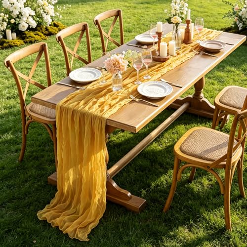 Yellow 6-Pack 10FT Rustic Gauze Table Runners for Wedding & Party Decor - Boho Style