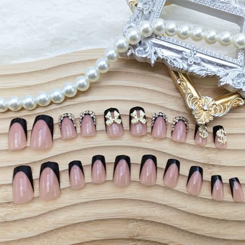 24Pcs Short Square French Tip Press On Nails with Bow Rhinestone Design - Black Variation 10