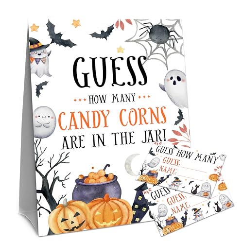 Halloween Candy Corn Jar Guessing Game Sign with 50 Cards - Spider Web Variation
