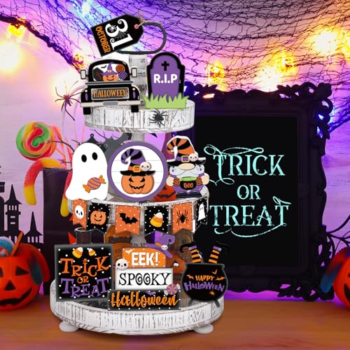 Umigy Halloween Tiered Tray Decor Set - 15 Pumpkin Wooden Signs with Boo Theme