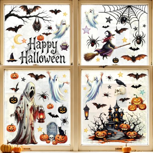 Halloween Window Clings Decor - Ghost, Bat, Pumpkin, Skull, Spiders, 8 Sheets