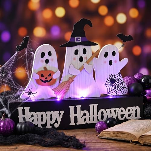 Large Halloween Ghost Decor with Purple LED Lights - Tabletop Sign with Witch Hat Broom Bats Jack O Lantern, Indoor Home Party Halloween Decoration