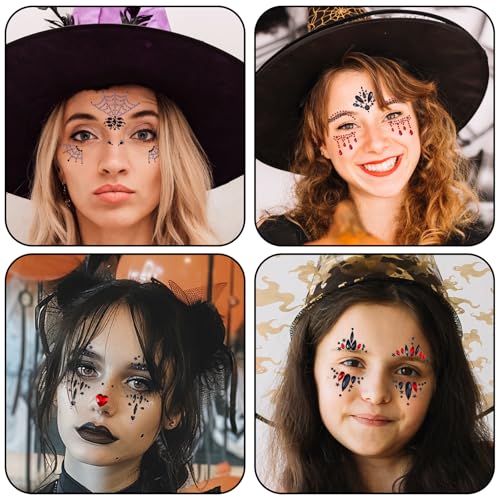 Halloween Face Gems Stickers Set - Self-Adhesive Rhinestone Jewels for Face & Body, 4 Styles