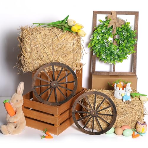6 Pack Rustic Hay Bale & Wooden Wagon Wheel Decor Set - Farmhouse Style
