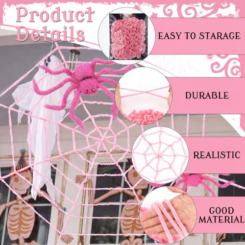 Pink Halloween Outdoor Decor Set with 3 Plush Spiders and 12ft Web