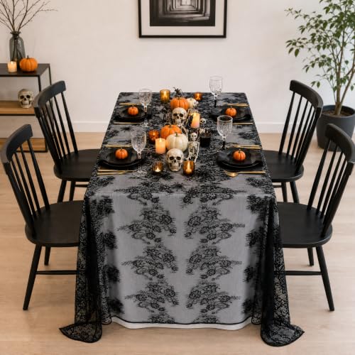Black Lace Tablecloth 60x120 Inches - 2 Pieces Rectangular Halloween Party Decor
